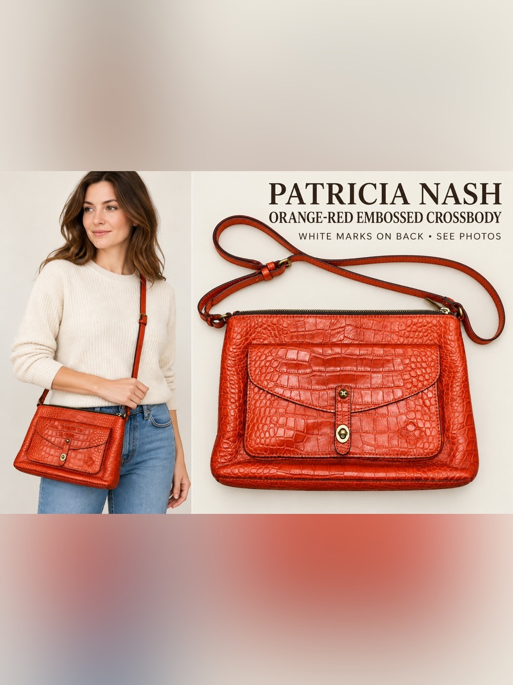Patricia Nash Orange Red Croc-Embossed Leather Crossbody Bag